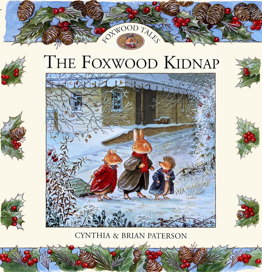 Cover artwork of The Foxwood Kidnap: three friends hurry through falling snow past a shuttered house, framed by holly and pine cones