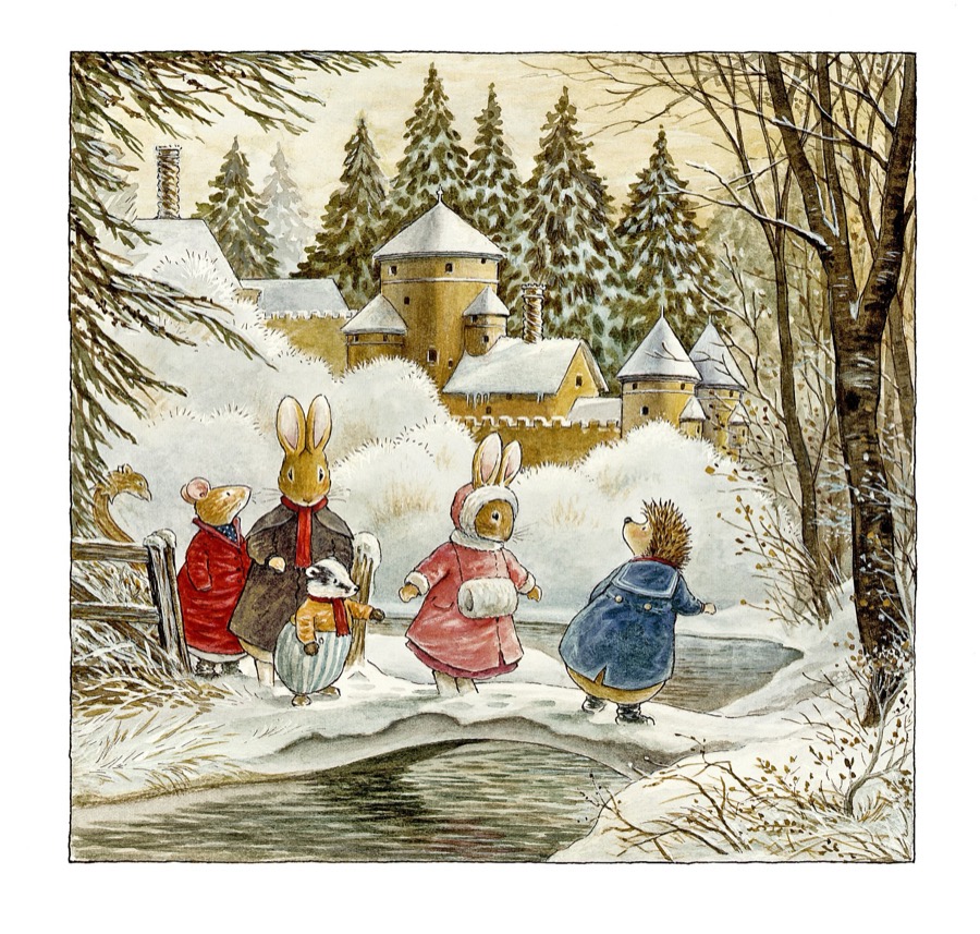 Artwork from The Magic Sleigh: friends crossing a snowy stone bridge towards a golden castle among fir trees