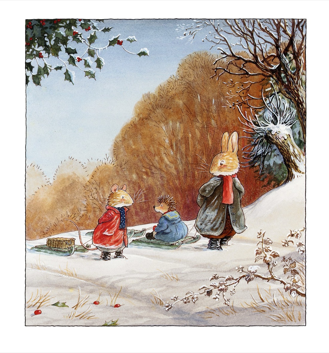 Rue Rabbit pulling a sledge with Willy Hedgehog while Harvey Mouse tows a hamper through the snow