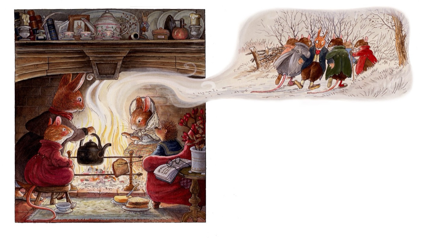 Watercolour artwork: a rabbit family, a mouse and a young hedgehog toasting bread by a stone fireplace while dreaming of a snowy journey